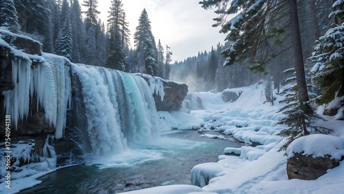 Winter mountain landscape with a snow-covered river and waterfall cascade flowing over rocks in a forest