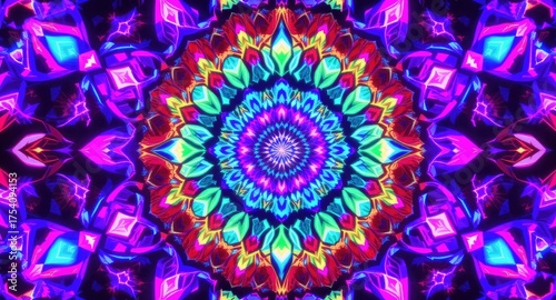 Vibrant kaleidoscope mandala with glowing, symmetrical patterns