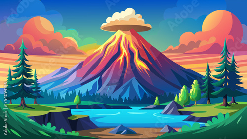Flat minimal cartoon of Mount St. Helens volcano with smoky crater, green forest base, blue sky, and soft light reflections over distant peaks.