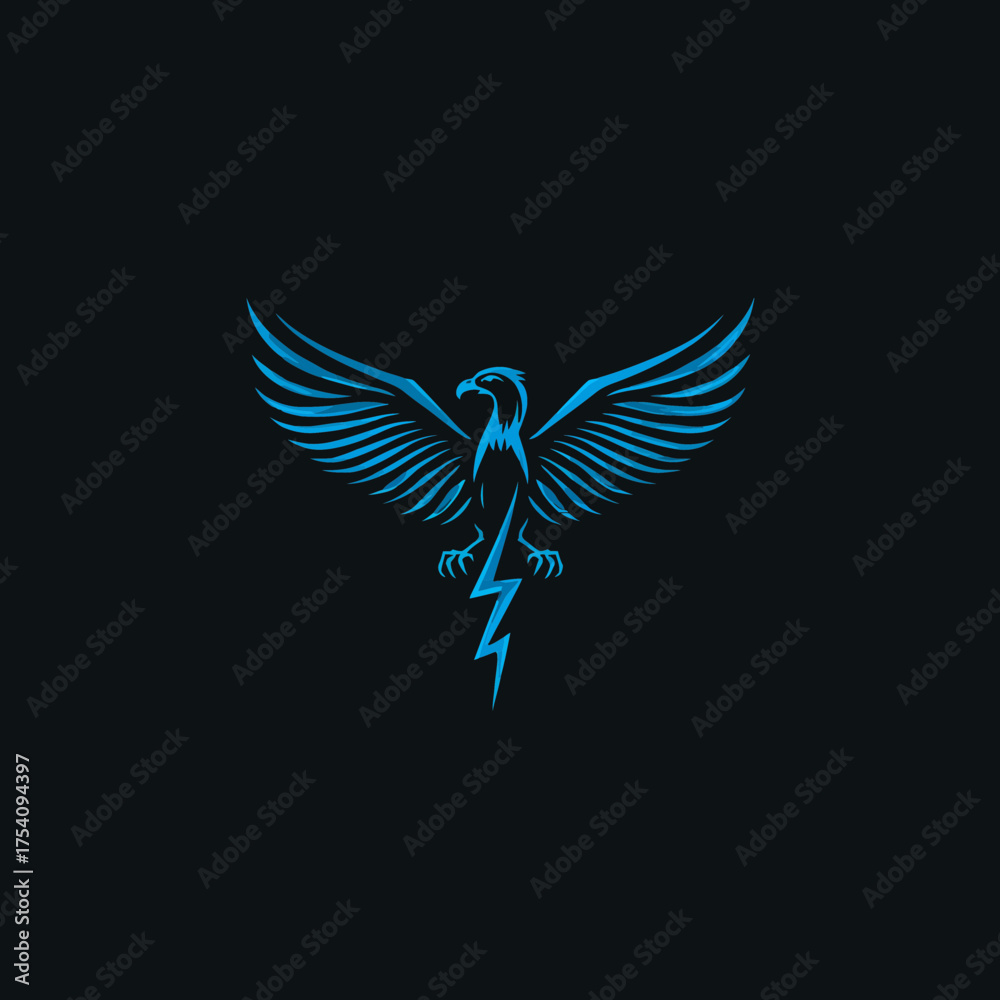 Obraz premium Stylized blue eagle with spread wings grasping a lightning bolt, representing strength, power, and speed on a dark background