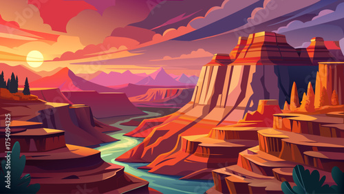 Flat minimal cartoon of Grand Canyon with deep red cliffs, layered rocks, and glowing sunset sky spreading over vast desert landscape.