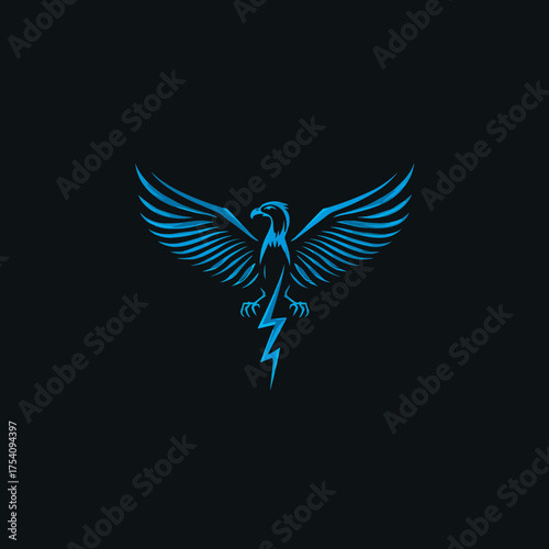 Stylized blue eagle with spread wings grasping a lightning bolt, representing strength, power, and speed on a dark background