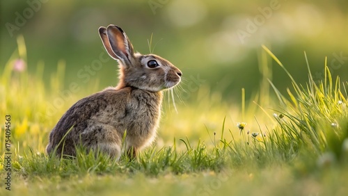 A cute brown bunny with long ears sits in the green grass of a field, a furry wildlife animal of nature