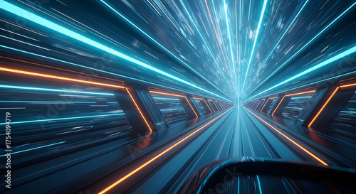 Fototapeta Naklejka Na Ścianę i Meble -  Futuristic tunnel with neon light abstract high tech tunnel, sci fi corridor with neon lights space station or spaceship interior