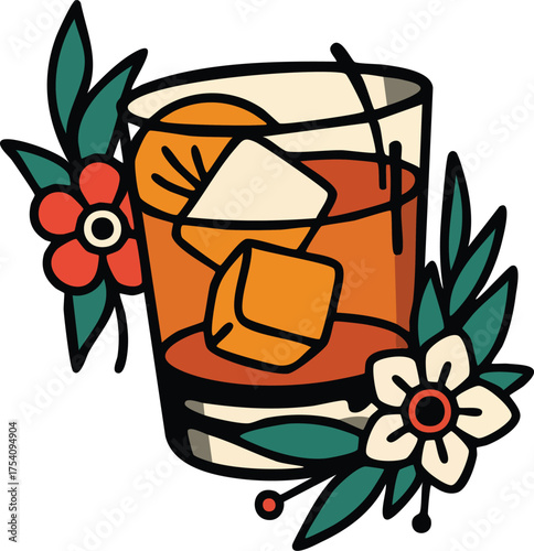 Whiskey Glass with Ice and Flowers Vintage Tattoo Vector
