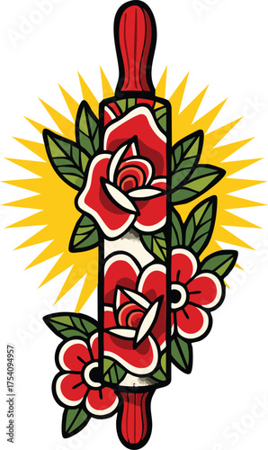 Rolling Pin with Roses Tattoo Vector Illustration