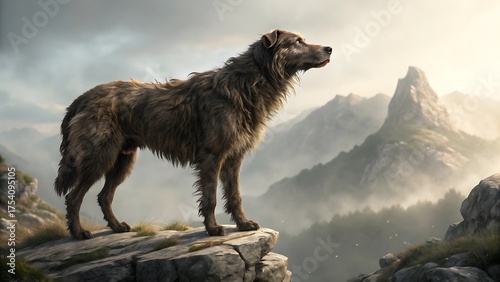 Gray wolf and dog a predator and a pet together on a snowy mountain in nature