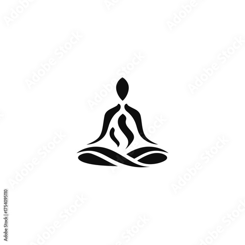 Abstract silhouette of a meditating person in lotus pose with an inner flame, symbolizing mindfulness, yoga, spiritual energy, and mental peace.