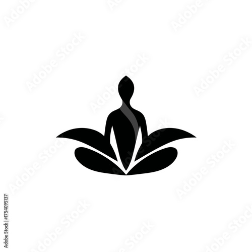 Abstract minimalist black silhouette of a person meditating in lotus pose, symbolizing yoga, wellness, peace, and spiritual balance.