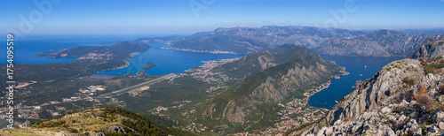 Panoramic view of the Bay of Kotor and Tivat, Montenegro, from the Lovcen National Park showing blue sea, rugged mountains, and scenic coastline under clear sky.