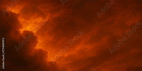 Abstract dark sky cloudscape with bright orange fire flames and smoke at sunset