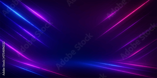 Bright, glowing blue and purple abstract backgrounds with star and laser-like rays illustrate a dynamic space design of energy and motion