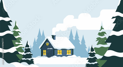 Cozy winter cabin illustration nestled among snow-covered pine trees against a cool blue backdrop