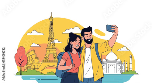 Couple taking selfie during world travel adventure visiting famous landmarks worldwide