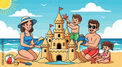Happy family building sandcastle together on a sunny beach during summer vacation enjoying quality