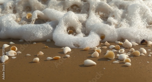 Foamy waves and shells on beach sand