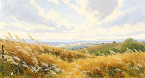 Golden field, soft clouds, hazy vista