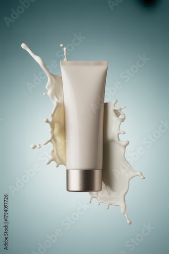 Cosmetic tube mockup with milk splash on blue background studio shot
