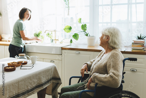 Senior lady in wheelchair in kitchen talking to nurse cooking dinner or washing dishes. Social worker helping retired disabled female with domestic chores at home, having warm conversation