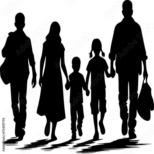 Family Silhouette: A close-knit family, silhouetted against a backdrop, walks together, hand in hand, with the warm bond of togetherness. A timeless symbol of love, unity, and shared journey. 
