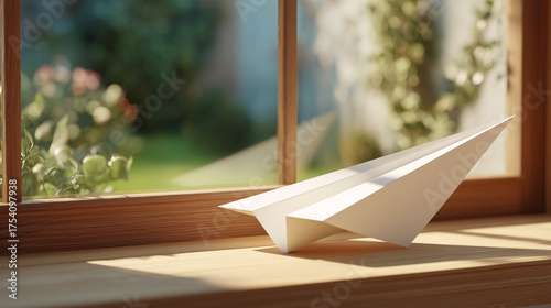  minimalist nostalgic scene featuring a neatly folded white paper airplane resting on a clean wooden window sill, soft afternoon sunlight streaming in and casting long delicate shadows