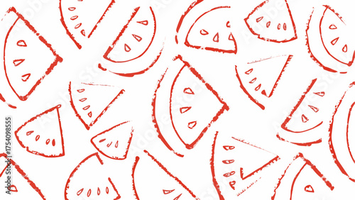 Hand drawn red watermelon slices with seeds scattered on a white background creating a playful pattern