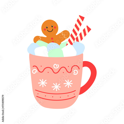 Christmas cup of hot drink and Gingerbread man, red mug of hot cocoa with marshmallows and wafer rolls, winter mug with snowflake decoration, drink isolated on white background.