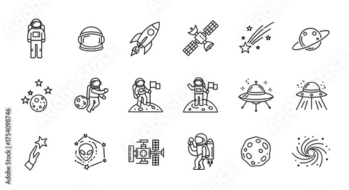 Space exploration and extraterrestrial life elements represented in minimalist line art vector