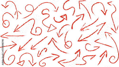 Collection of hand drawn red arrows pointing in various directions on a white background with a textured look