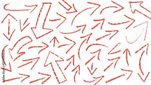 A collection of hand drawn red arrows pointing in various directions on a white background showing movement