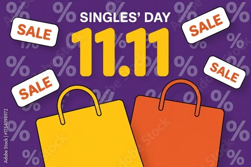 Singles day sale with shopping bags on purple background