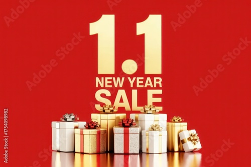 New year sale with gift boxes on red background