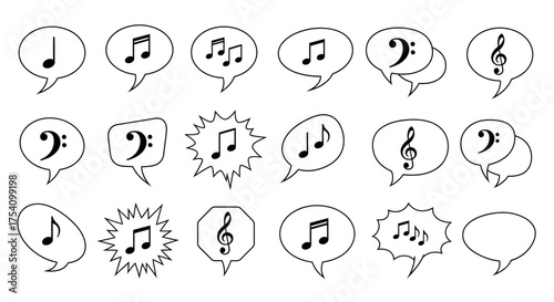 Musical conversation balloons conveying different notes and melodies with expressive speech bubble