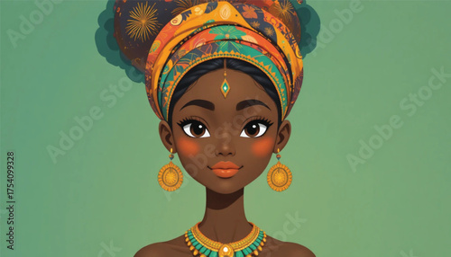 Ai Generate Cute African woman character in modern flat vector style, smiling face, colorful headwrap, traditional jewelry, minimal cartoon illustration Ai Generate .