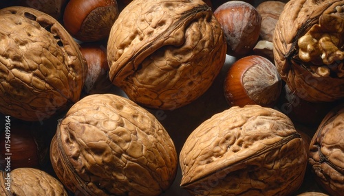 Close-up arrangement of various shelled and unshelled tree nuts