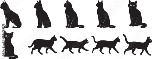 A Group of Black cat silhouette sitting vector illustration flat design