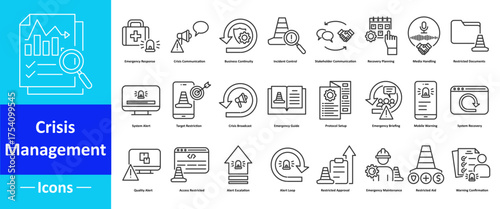 icon pack of crisis management in creative outline vector style for emergency planning risk assessment incident control safety protocol response unit evacuation guide recovery maintenance 