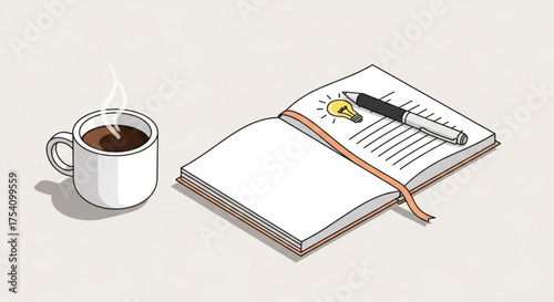 A steaming cup of coffee sits beside an open notebook with a pen and a lightbulb icon, , creating a cozy workspace scene