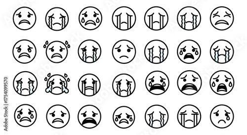 Diverse range of crying emoticon expressions portraying sadness grief and despair minimal design
