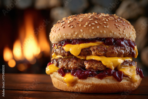 Doppelter Cheeseburger mit geschmolzenem Käse und Soße, mit Textfreiraum links