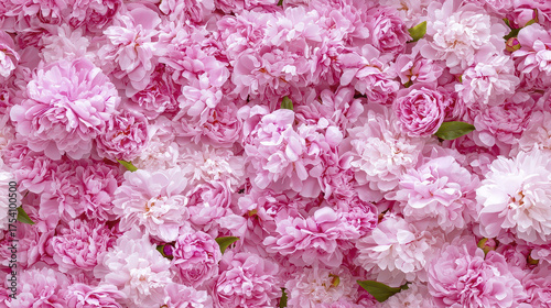 Vibrant floral pattern featuring abundance of pink peonies and roses, creating lush and romantic atmosphere