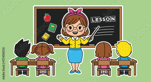 Teacher instructing students in classroom using chalkboard during lesson, creating an engaging and educational atmosphere.