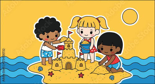 Children building sandcastle on sunny beach during summer vacation, enjoying the warm weather and creating lasting memories together.