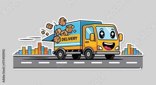 Cheerful delivery truck speeds down the road, boxes tumbling out, against a cityscape, conveying a sense of urgency and perhaps slight chaos.
