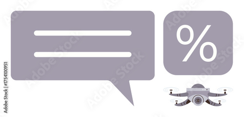 Speech bubble, percentage icon, and quadcopter representing communication, analytics, and technology. Ideal for tech, innovation, communication business analytics data sharing automation. Simple