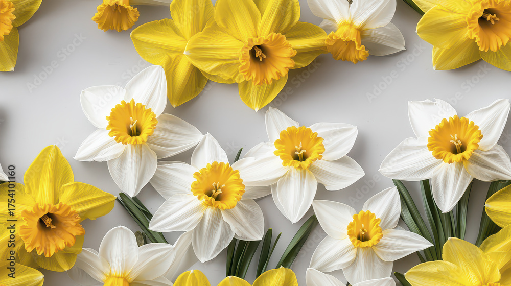 Fototapeta premium Seamless pattern featuring vibrant daffodils in yellow and white, creating cheerful and fresh atmosphere