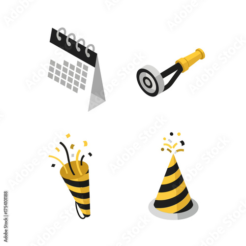 Isometric New Year Celebration Icons Set with Calendar, Party Popper, Party Hat, and Noise Maker.