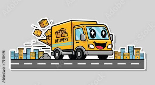 Cartoon delivery truck speeds down the road in a city delivering packages with a cheerful and energetic vibe.