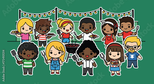 Diverse group of cartoon people grilling and celebrating together at a summer barbecue party in the park, creating a joyful and inclusive atmosphere.