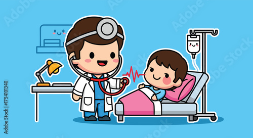 Doctor examines young patient lying in hospital bed with stethoscope, ensuring health and wellbeing with care and compassion.